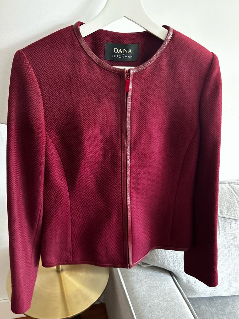 Vtg Tweed Dana Buchman Red Jacket Wool Cashmere Blazer 4 Leather Trim Luxury